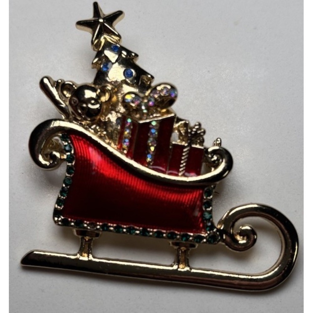 Vintage Signed LIZ CLAIBORNE gold TONE enamel Santa's Slay Rhinestone Brooch